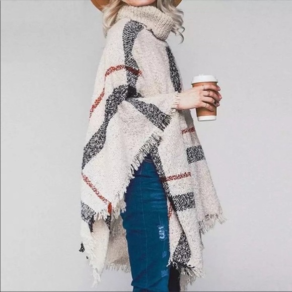 Plaid Turtleneck Fringe Women Poncho - Picture 3 of 5